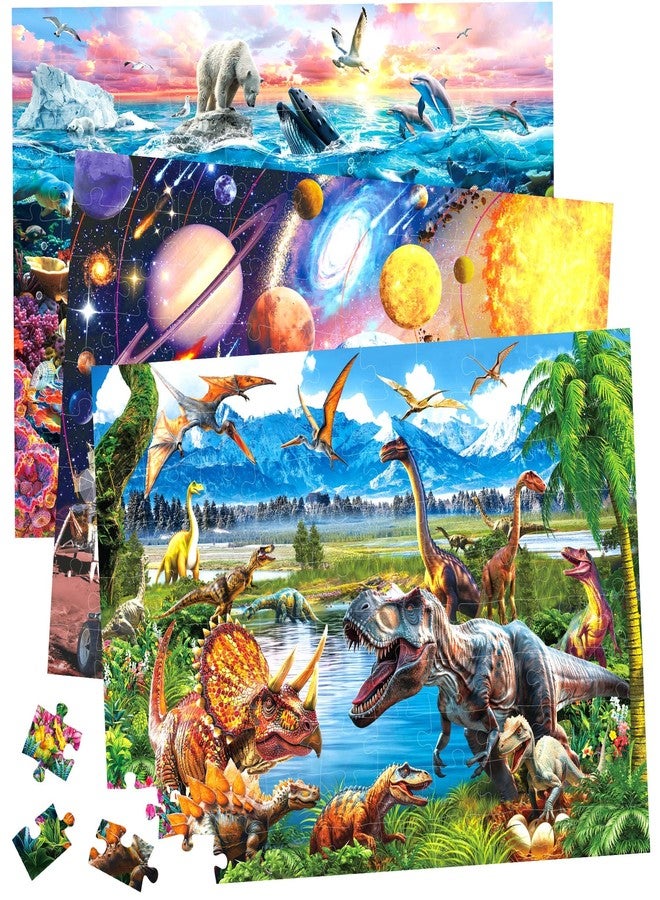 BenBen Puzzles for Kids Ages 4-6, 3 Pack 100 Pieces Large Puzzles for Toddlers 3-5 (Dinosaurs, Outer Space, Ocean Life), Learning & Educational Games for Kids 6-8, 19.75” x 13.75” - Image 1